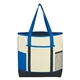 aerial view a natural with royal blue with black back and accents 600d polyester berkshire tote bag, image 1 of 3