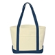aerial view a natural with navy durable cotton canvas tote with front pocket, image 1 of 2
