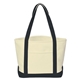 aerial view a natural with black durable cotton canvas tote with front pocket, image 1 of 2