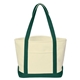 aerial view a natural with forest green durable cotton canvas tote with front pocket, image 1 of 2