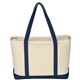 aerial view a natural with navy large heavyweight cotton canvas boat tote, image 1 of 4