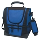 aerial view a royal blue with black trim dual compartment cooler bag, image 1 of 3