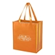 aerial view a shiny orange with striped side gussets shiny laminated non - woven tropic shopper tote bag, image 1 of 2