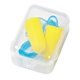 aerial view a yellow with blue cord and clear case foam ear plug set in case, image 1 of 4