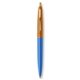 a blue barrel & metallic orange cap gold trim pens