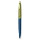 a metallic dark blue barrel & metallic green cap gold trim pens