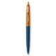 a metallic dark blue barrel & metallic orange cap gold trim pens