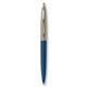 a metallic dark blue barrel & metallic silver cap gold trim pens