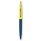 a metallic dark blue barrel & yellow cap gold trim pens