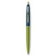 a metallic green barrel & metallic dark blue cap gold trim pens