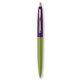 a metallic green barrel & purple cap gold trim pens