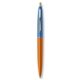 a metallic orange barrel & blue cap gold trim pens