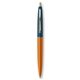 a metallic orange barrel & metallic dark blue cap gold trim pens