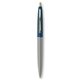 a metallic silver barrel & metallic dark blue cap gold trim pens