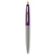 a metallic silver barrel & purple cap gold trim pens