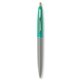 a metallic silver barrel & teal cap gold trim pens