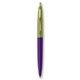 a purple barrel & metallic green cap gold trim pens