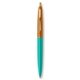 a teal barrel & metallic orange cap gold trim pens