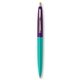 a teal barrel & purple cap gold trim pens