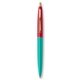 a teal barrel & red cap gold trim pens