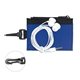 aerial view a blue zip tune id mobile tech earbud kit in travel id wallet components inserted into zipper pack id wallet, image 1 of 2