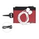aerial view a red zip tune id mobile tech earbud kit in travel id wallet components inserted into zipper pack id wallet, image 1 of 3