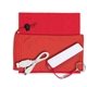 aerial view a red techbank mobile tech power bank accessory kit in microfiber cinch pack components inserted into microfiber kit, image 1 of 3