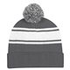 aerial view a gray/white two - tone knit pom beanie with cuff, image 1 of 3