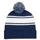 aerial view a navy/white two - tone knit pom beanie with cuff, image 1 of 3
