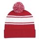 aerial view a red/white two - tone knit pom beanie with cuff, image 1 of 3