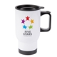 aerial view a white stainless steel 14oz travel mug - full color, image 1 of 2