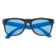aerial view a black with blue tinted lenses rubberized sunglasses, image 1 of 3