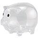 aerial view a clear sturdy construction piglet coin bank, image 1 of 2
