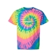aerial view a fluorescent rainbow swirl dyenomite - multi - color spiral tie - dyed t - shirt - colors, image 1 of 4