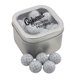 a silver window tin with chocolate golf balls