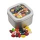 a silver window tin with jelly bellies