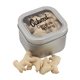 a silver window tin with animal crackers