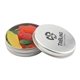 a silver round tin with swedish fish