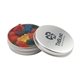 a silver round tin with gummy bears