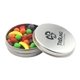 a silver round tin with candy fruits
