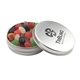 a silver round tin with jelly beans