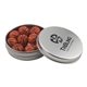 a silver round tin with chocolate basketballs