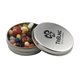 a silver round tin with jelly bellies