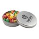 a silver round tin with mini chicklets