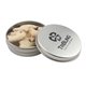a silver round tin with animal crackers