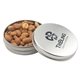 a silver round tin with honey roasted peanuts