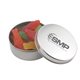 a silver round tin with swedish fish