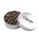 a silver round tin with chocolate raisins