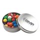 a silver round tin with gumballs