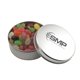 a silver round tin with jelly beans